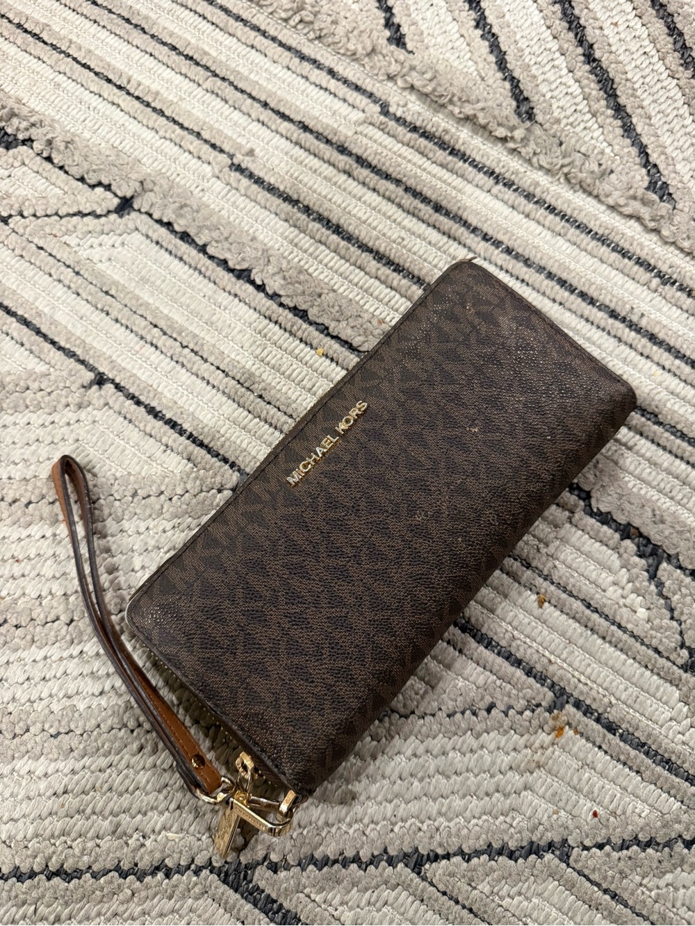 Michael Kors Dark Brown Signature Wristlet Zip Wallet with Gold Hardware